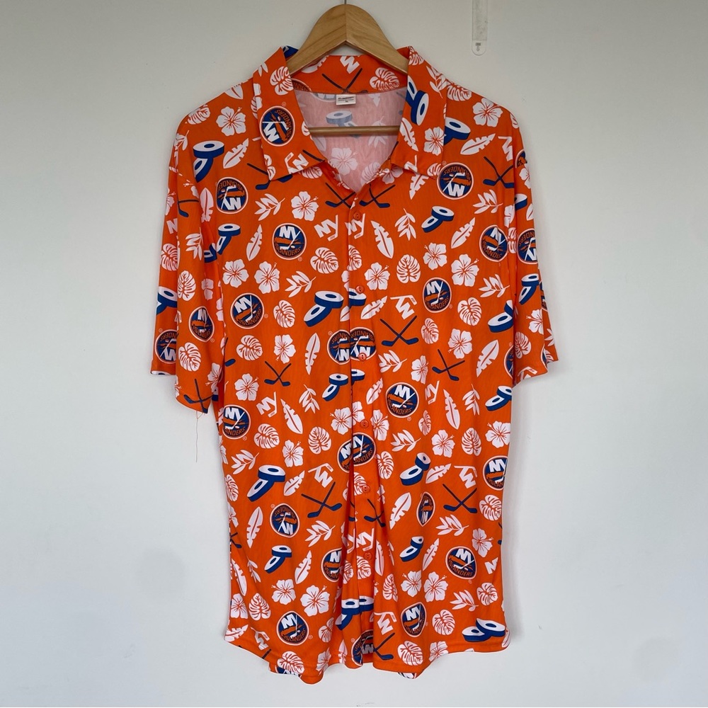 New York Islanders Orange Hawaiian XL Shirt Hibiscus Monstera Puck Hockey Stick